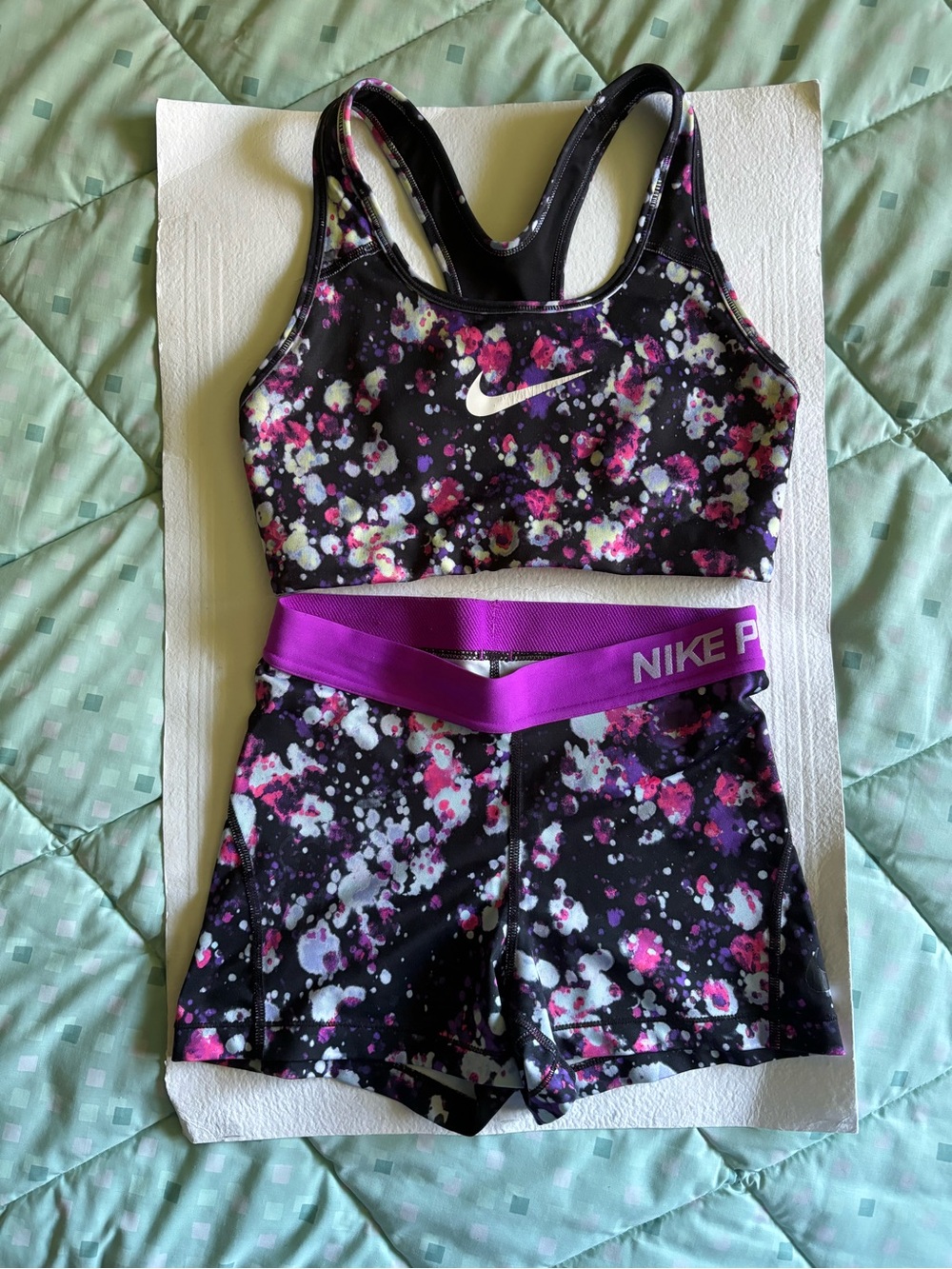 Nike Black Athletic Shorts & Sports Bra Set with Pink and White Splatter